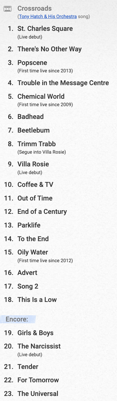 Blur 2023 Colchester Setlist