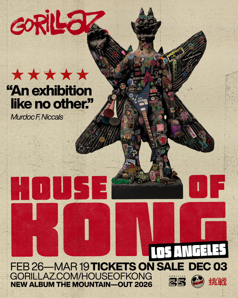 Cartel oficial de la exposición inmersiva House of Kong de Gorillaz en Los Ángeles, disponible del 26 de febrero al 19 de marzo de 2026.