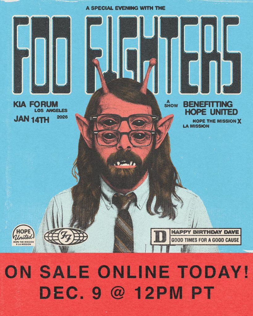 Póster oficial del concierto benéfico de Foo Fighters en el Kia Forum el 14 de enero de 2026, anunciando que los boletos salen a la venta el 9 de diciembre.