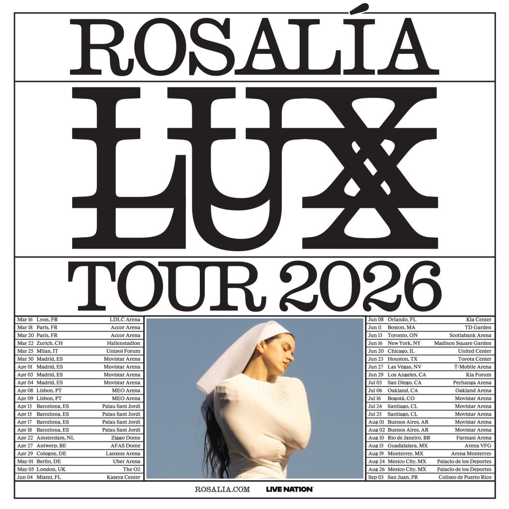 Rosalía anuncia el LUX Tour 2026 con póster oficial de la gira.