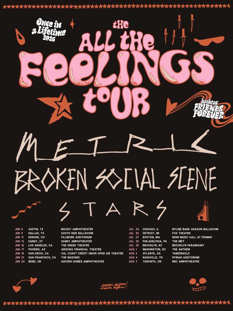 Póster oficial de la gira ‘All the Feelings Tour’ 2026 con Metric, Broken Social Scene y Stars; incluye fechas y ciudades en Norteamérica (junio–agosto 2026).